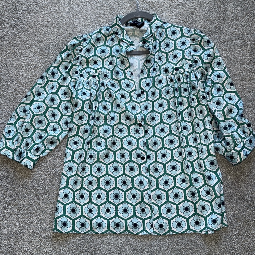 Smythe Teal and White Geometric Button Down Shirt, XS - Picture 6 of 10